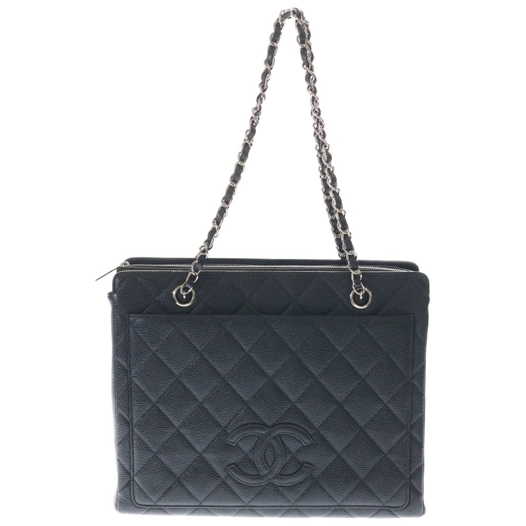 CHANEL(シャネル) マトラッセ ココマーク キャビアスキン レザー チェーン ショルダー トートバッグ シルバー金具 ブラック 6番台 レディース