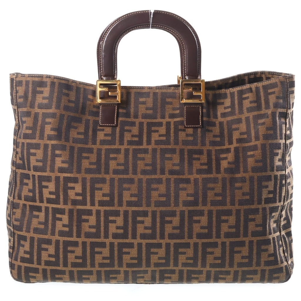 FENDI(フェンディ) ズッカ ハンドバッグ トートバッグ ブラウン レザー×キャンバス ゴールド金具 レディース