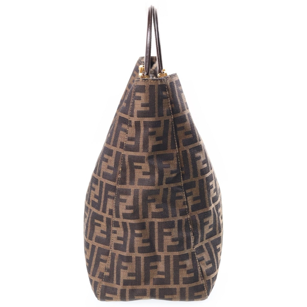 FENDI(フェンディ) ズッカ ハンドバッグ トートバッグ ブラウン レザー×キャンバス ゴールド金具 レディース
