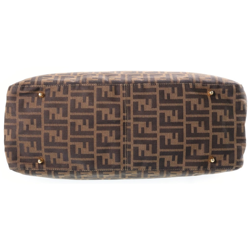 FENDI(フェンディ) ズッカ ハンドバッグ トートバッグ ブラウン レザー×キャンバス ゴールド金具 レディース