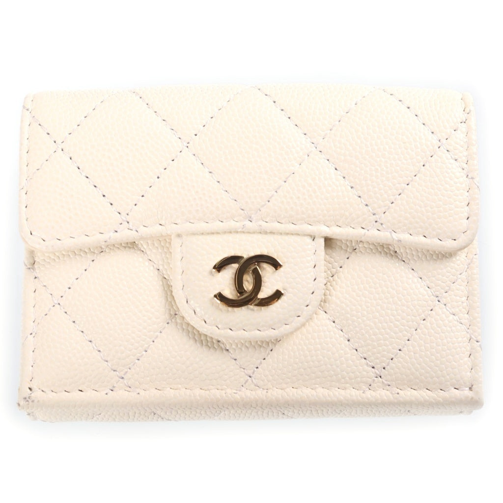 CHANEL(シャネル) マトラッセ 3つ折り財布 コンパクトウォレット キャビアスキン レザー ゴールド金具 ホワイト レディース