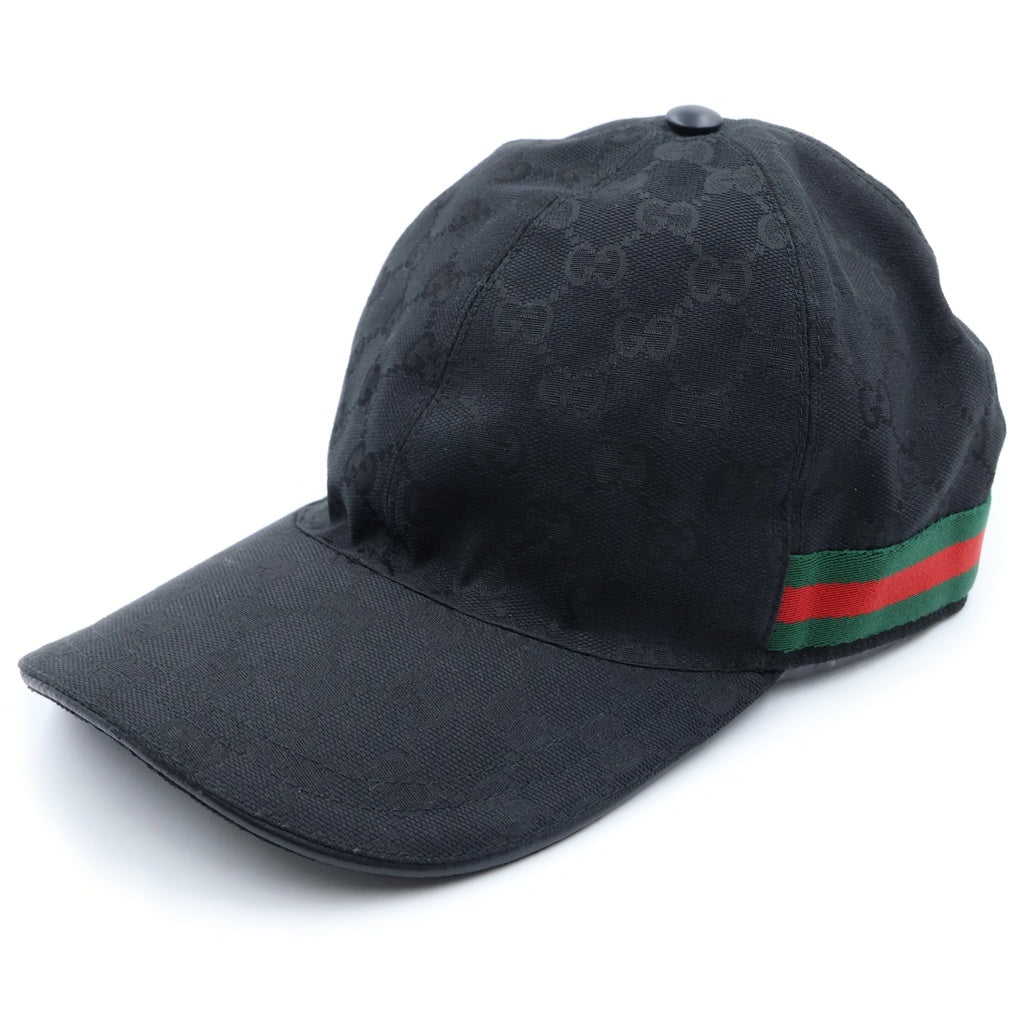 GUCCI(グッチ) ウェブ ストライプ シェリーライン GGキャンバス ベースボールキャップ 帽子 #L ブラック