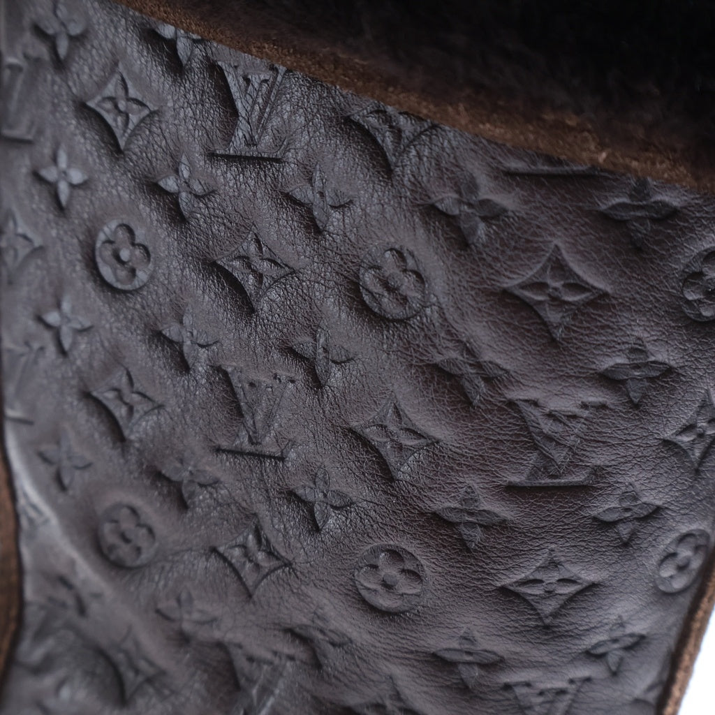 LOUIS VUITTON(ルイヴィトン) モノグラム ポルカ ムートン切り替えロングブーツ フラットシューズ LVエンボス加工 レースアップ レザー ブラウン LI 0170 レディース