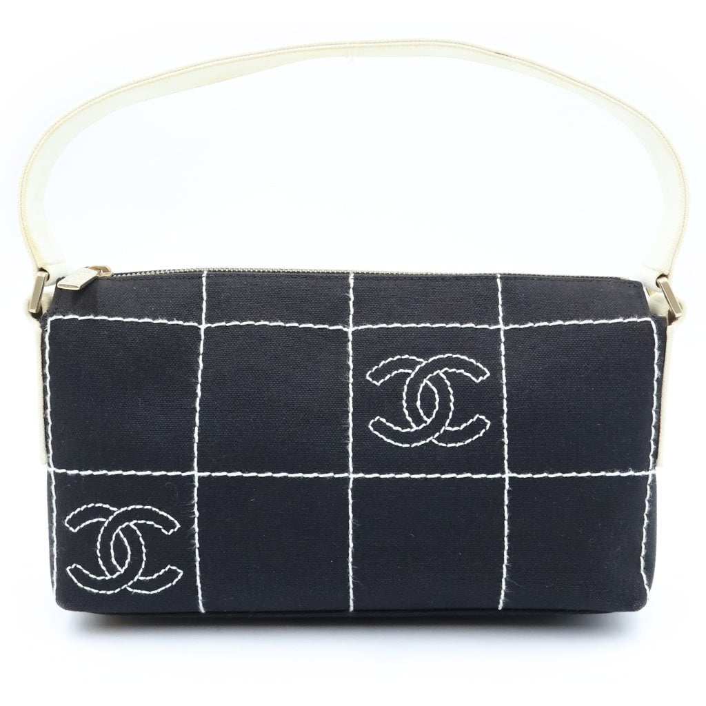 CHANEL(シャネル) チョコバー ワンショルダーバッグ ブラック×ホワイト キャンバス ゴールド金具 レディース