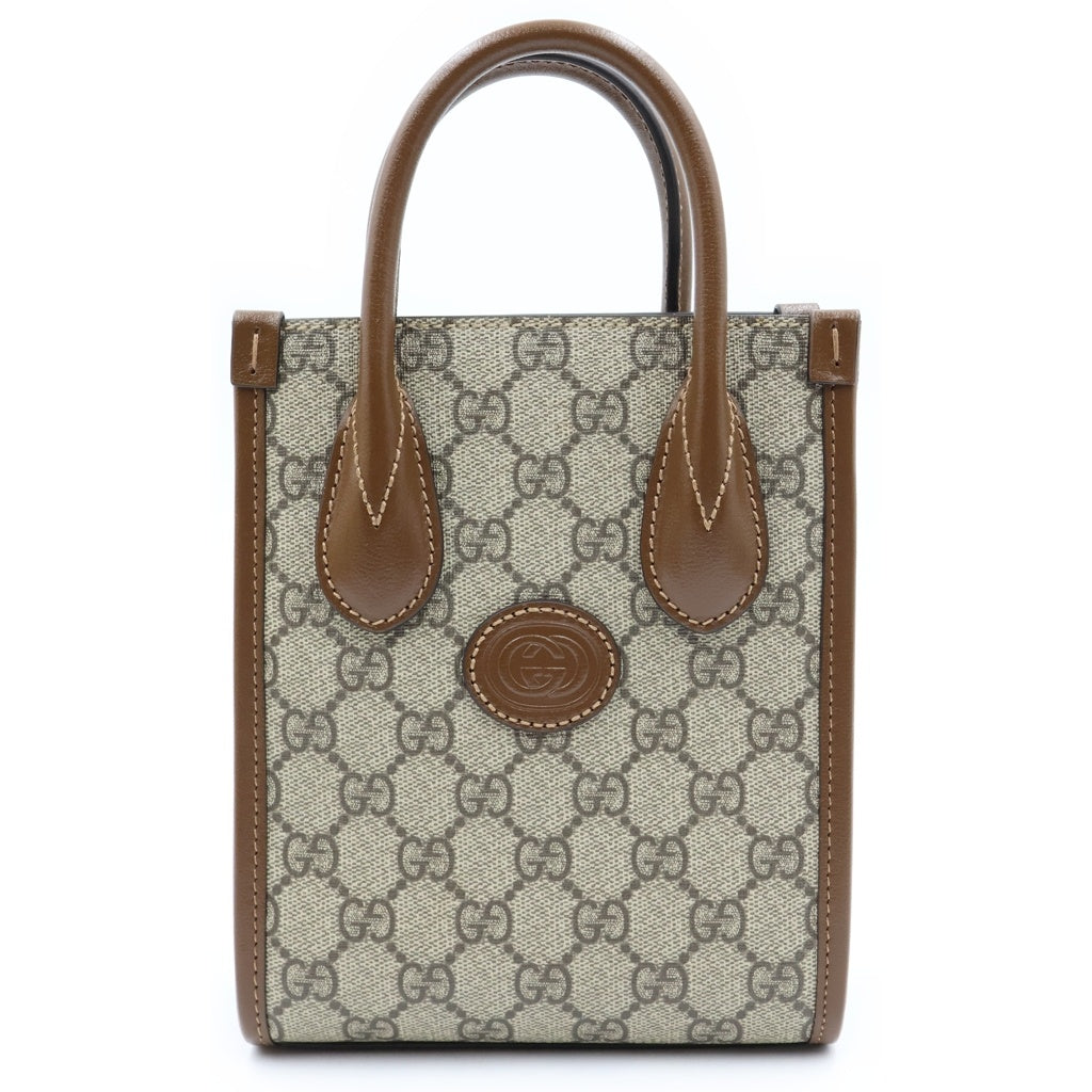 GUCCI(グッチ) インターロッキングG ハンドバッグ ショルダーバッグ ベージュ×ブラウン PVC×レザー 671623 ゴールド金具 レディース