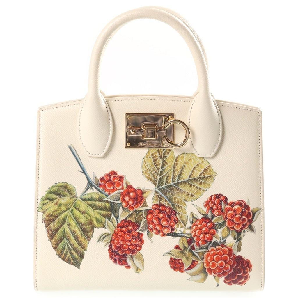 FERRAGAMO(フェラガモ) スタジオバッグ ラズベリー 2WAYハンドバッグ ショルダーバッグ アイボリー レザー ゴールド金具 レディース