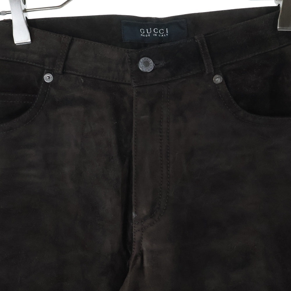 GUCCI(グッチ) スウェードレザー 5ポケット ジップフライ テーパードパンツ ブラウン 339-0144-8524