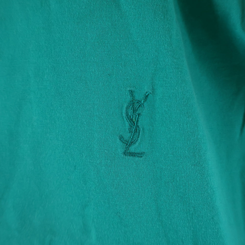 YVES SAINT LAURENT(イヴサンローラン) ワンポイントロゴ刺繍 バイカラー ノースリーブ ポロシャツ グリーン レディース M
