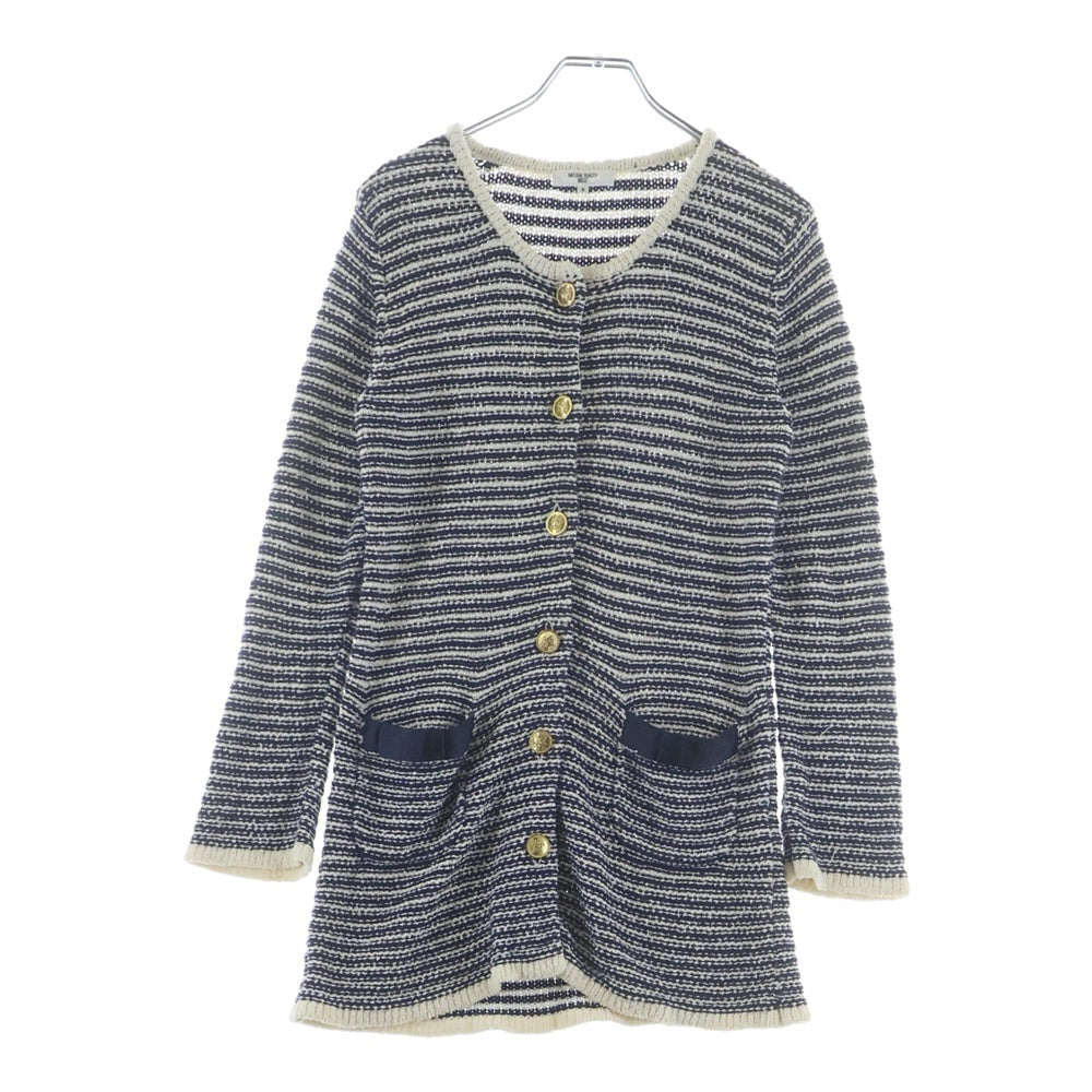 NO BRAND(ノーブランド) NATURAL BEAUTY BASIC ボーダー総柄 クルーネック 長袖ニット カーディガン ネイビー レディース S