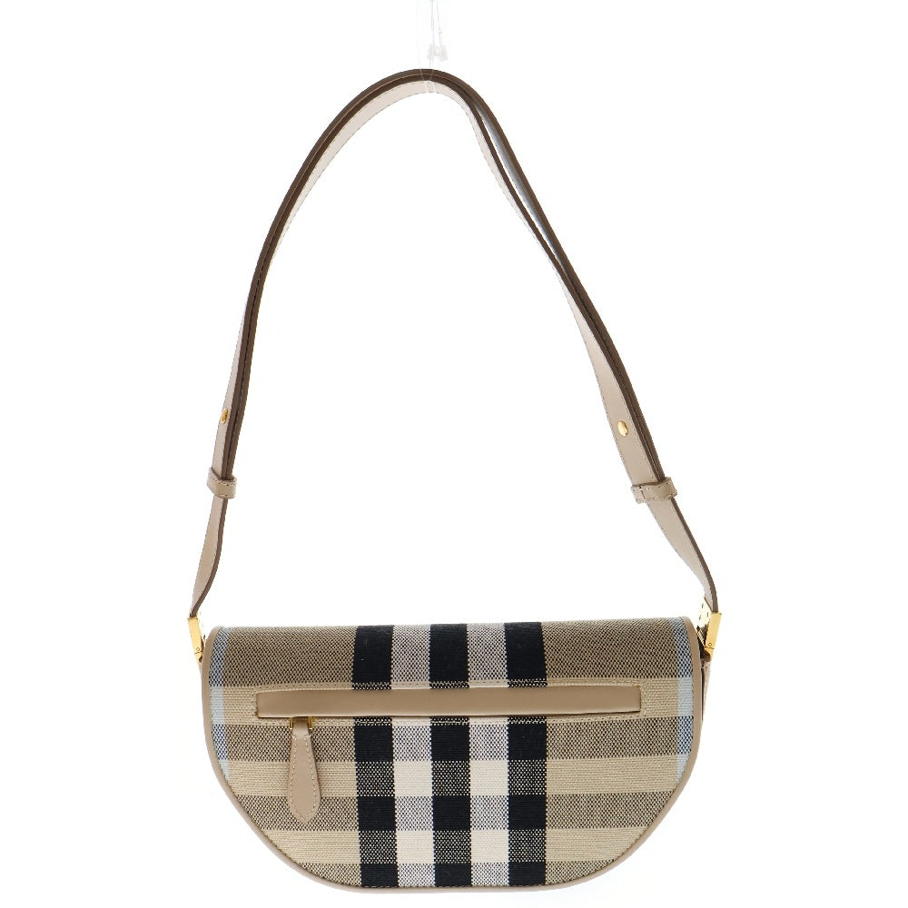 BURBERRY(バーバリー) オリンピア スモール ロゴステッチ ショルダーバッグ レザー×キャンバス ワンショルダーバッグ ベージュ ノバチェック ゴールド金具
