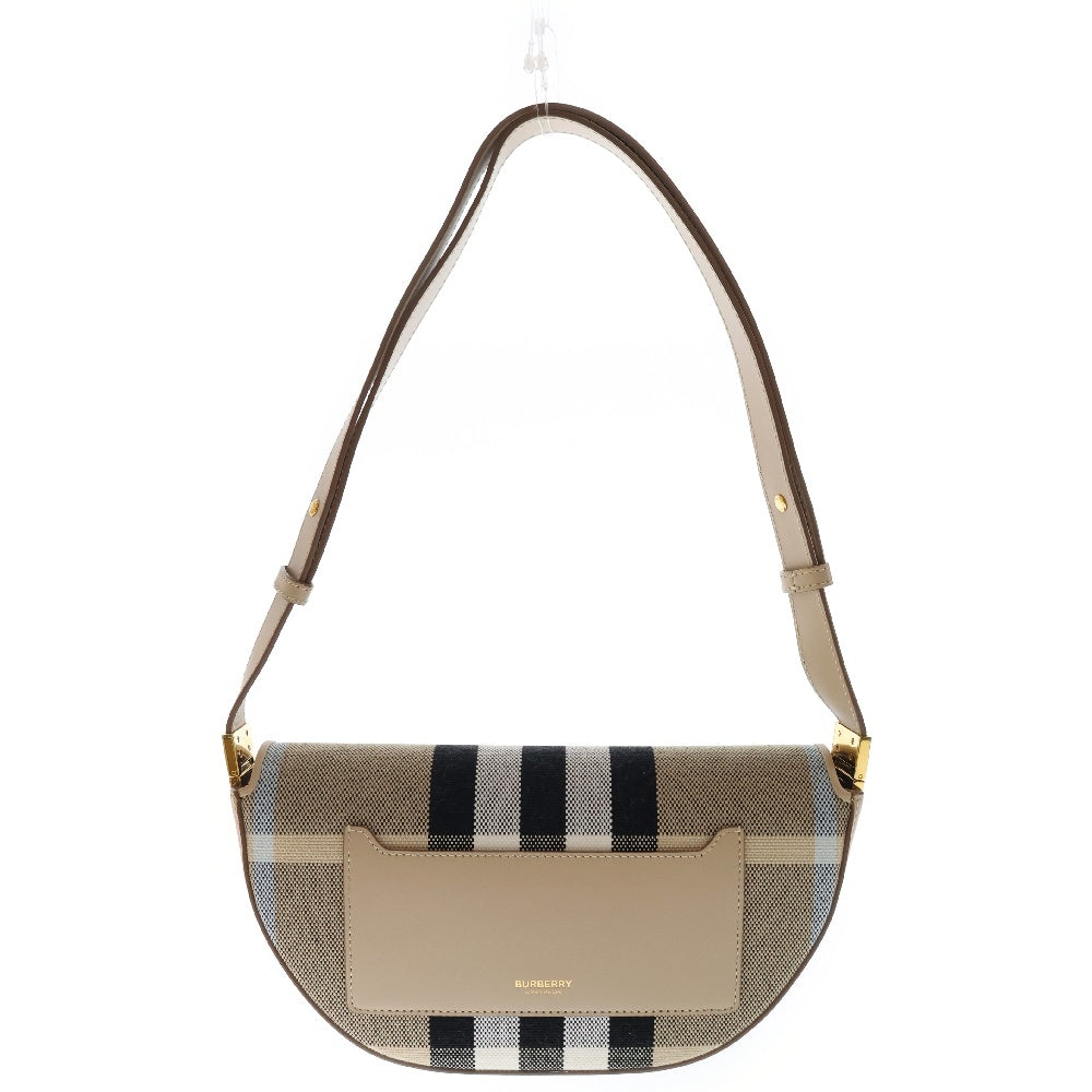 BURBERRY(バーバリー) オリンピア スモール ロゴステッチ ショルダーバッグ レザー×キャンバス ワンショルダーバッグ ベージュ ノバチェック ゴールド金具
