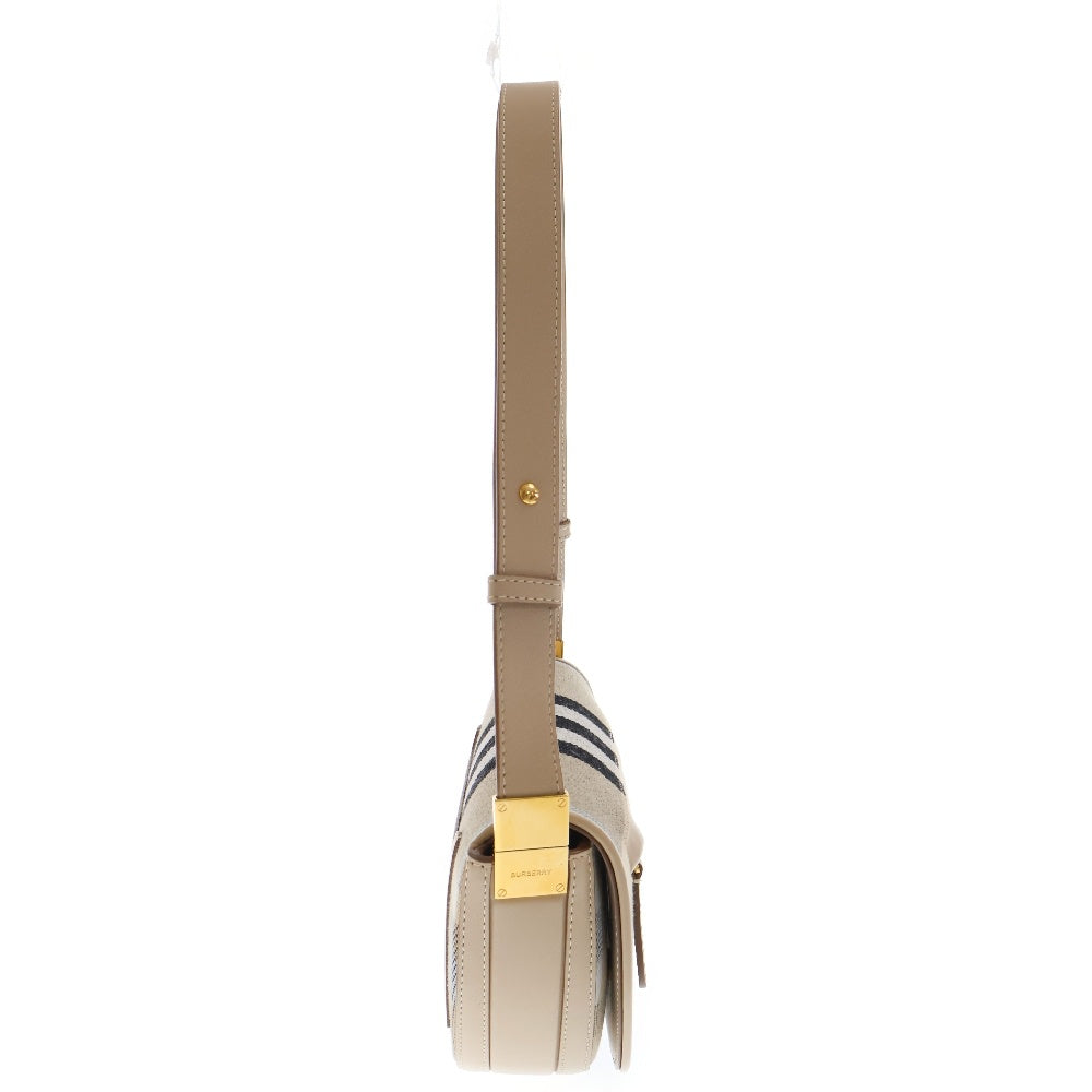 BURBERRY(バーバリー) オリンピア スモール ロゴステッチ ショルダーバッグ レザー×キャンバス ワンショルダーバッグ ベージュ ノバチェック ゴールド金具