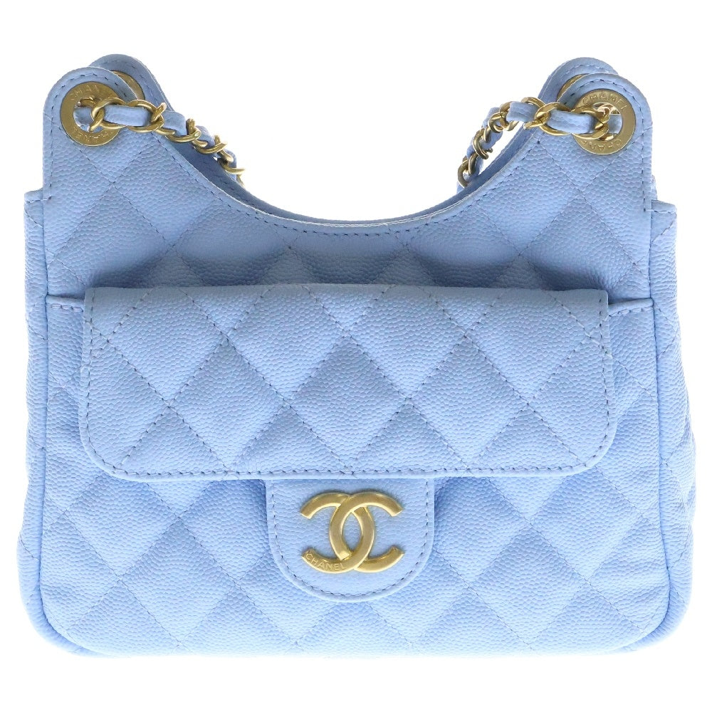 CHANEL(シャネル) マトラッセ ホーボー チェーンショルダーバッグ キャビアスキン ゴールド金具 ライトブルー AS3690