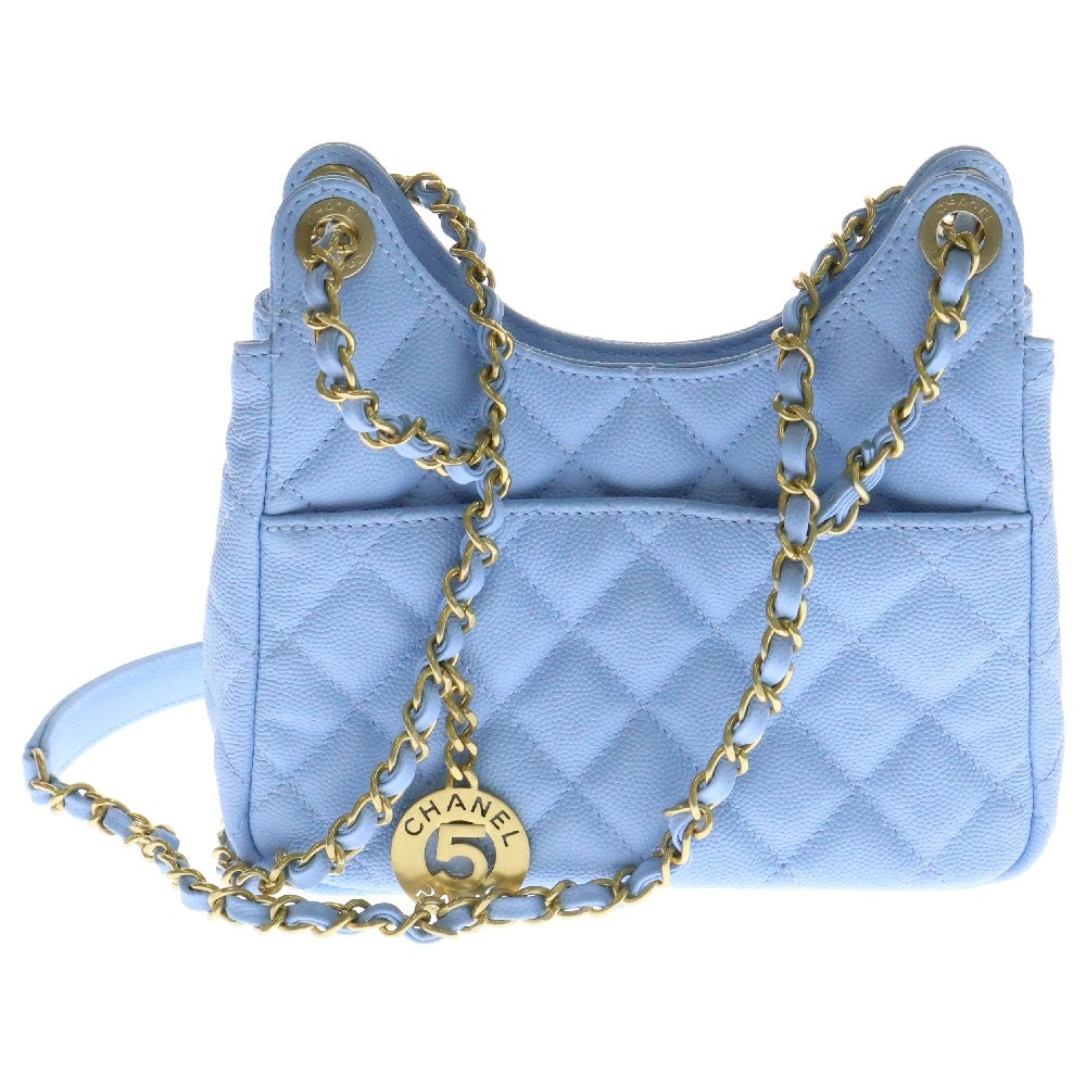 CHANEL(シャネル) マトラッセ ホーボー チェーンショルダーバッグ キャビアスキン ゴールド金具 ライトブルー AS3690