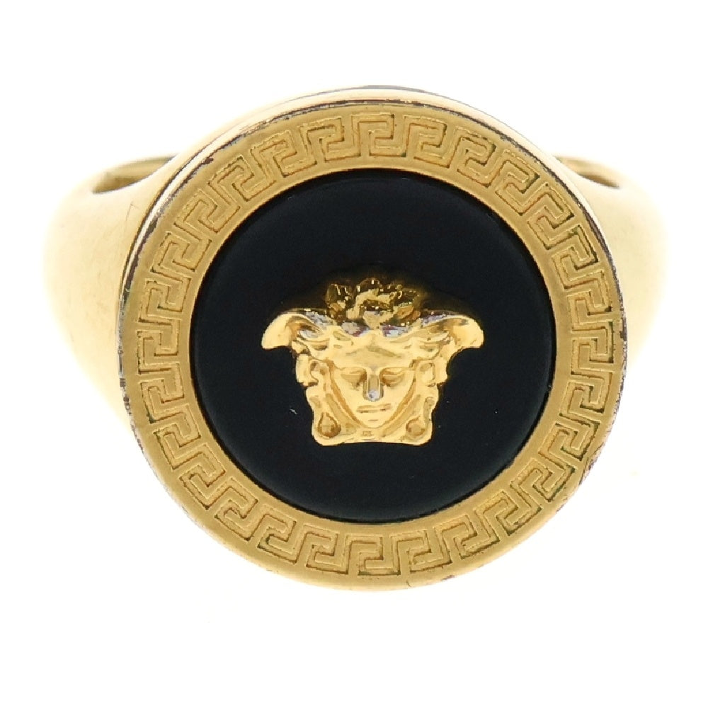 VERSACE(ヴェルサーチ) グレカモチーフ メドゥーサ ロゴ リング 指輪 ゴールド×ブラック
