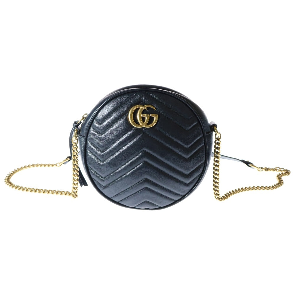 GUCCI(グッチ) GGマーモント ロゴプレート サークル チェーン レザー ショルダーバッグ ゴールド金具 ブラック/ゴールド レディース 550154