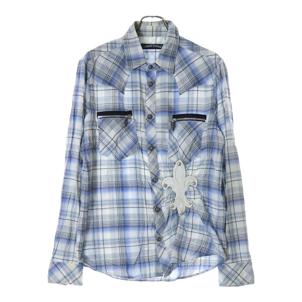 CHROME HEARTS(クロムハーツ) チェック総柄 BSフレア レザーパッチ ダガージップ クロスボール スナップボタン ロングスリーブ 長袖シャツ