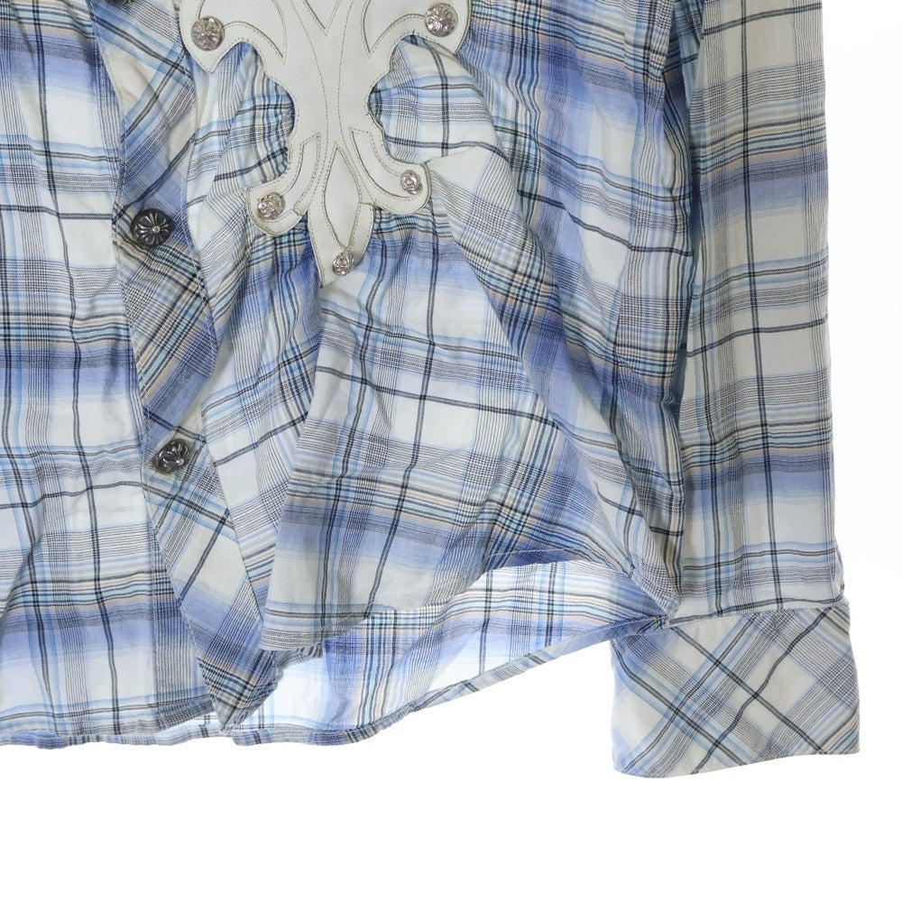 CHROME HEARTS(クロムハーツ) チェック総柄 BSフレア レザーパッチ ダガージップ クロスボール スナップボタン ロングスリーブ 長袖シャツ