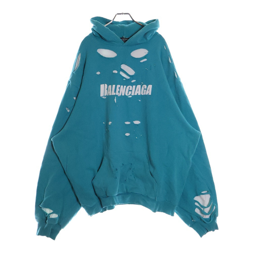 BALENCIAGA(バレンシアガ) 21SS Caps Destroyed Hoodie キャップス デストロイド フーディ プルオーバースウェットパーカー ダメージ加工 グリーン ターコイズブルー