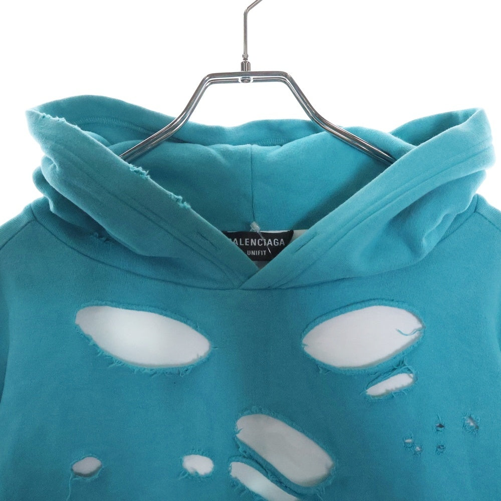 BALENCIAGA(バレンシアガ) 21SS Caps Destroyed Hoodie キャップス デストロイド フーディ プルオーバースウェットパーカー ダメージ加工 グリーン ターコイズブルー