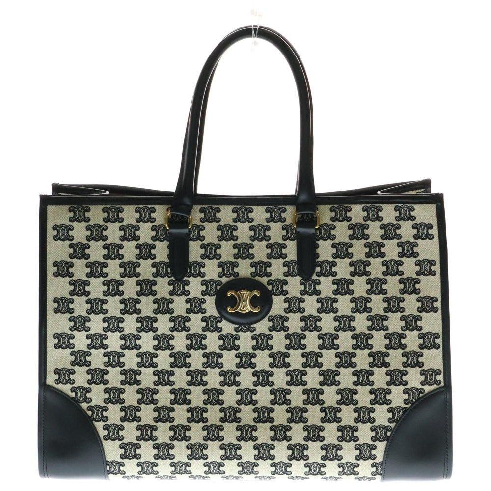 CELINE(セリーヌ) トリオンフ ホリゾンタルカバ キャンバス レザー ハンド トートバッグ ゴールド金具 ブラック/ベージュ 194342CS8