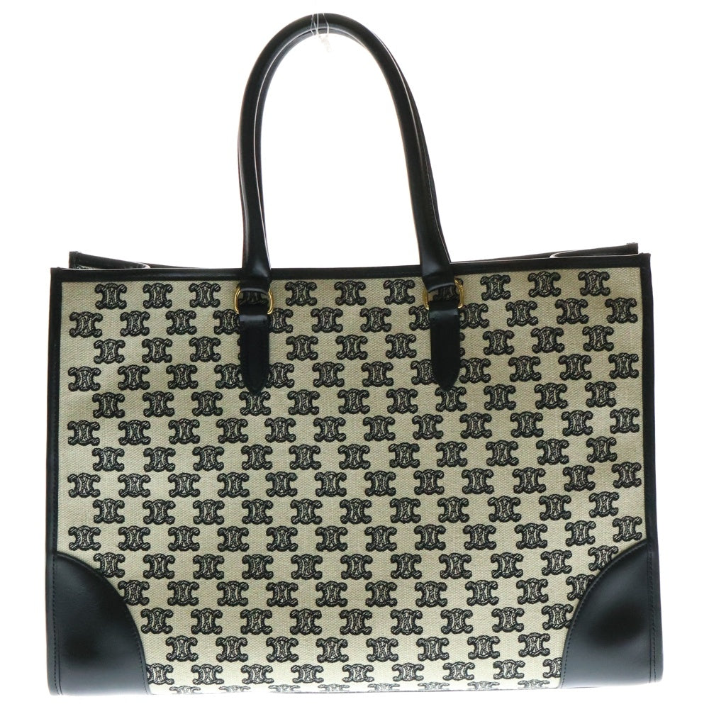 CELINE(セリーヌ) トリオンフ ホリゾンタルカバ キャンバス レザー ハンド トートバッグ ゴールド金具 ブラック/ベージュ 194342CS8