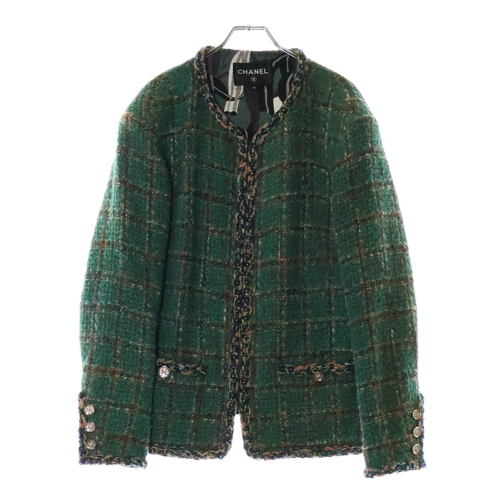 CHANEL(シャネル) 23AW メティエダールコレクション ココマークボタン ノーカラー シルク混 ウール ツイードジャケット グリーン P75152V66677