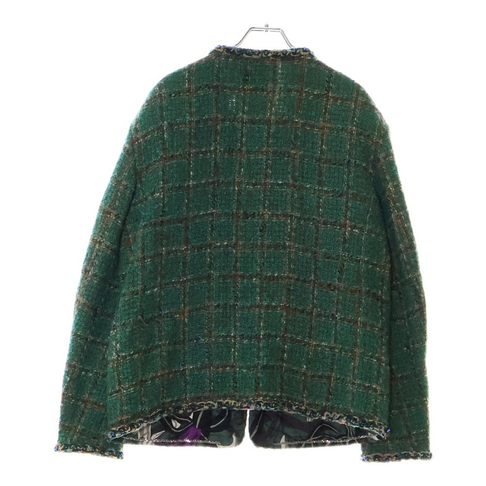 CHANEL(シャネル) 23AW メティエダールコレクション ココマークボタン ノーカラー シルク混 ウール ツイードジャケット グリーン P75152V66677