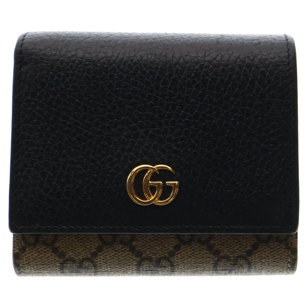 GUCCI(グッチ) 三つ折り財布 GGマーモント GGスプリーム 三つ折り財布 コンパクトウォレット コインケース ブラック×ベージュ ゴールド金具 レザー×PVC 598587