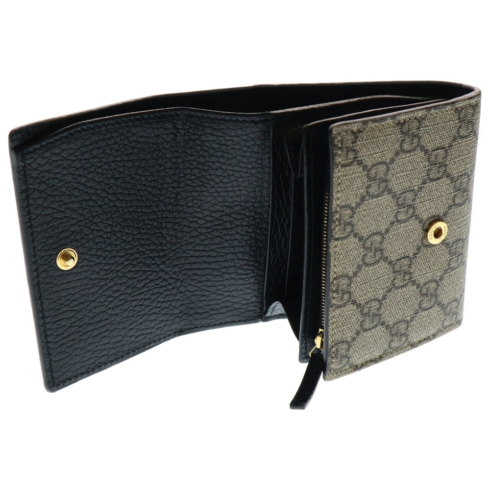 GUCCI(グッチ) 三つ折り財布 GGマーモント GGスプリーム 三つ折り財布 コンパクトウォレット コインケース ブラック×ベージュ ゴールド金具 レザー×PVC 598587
