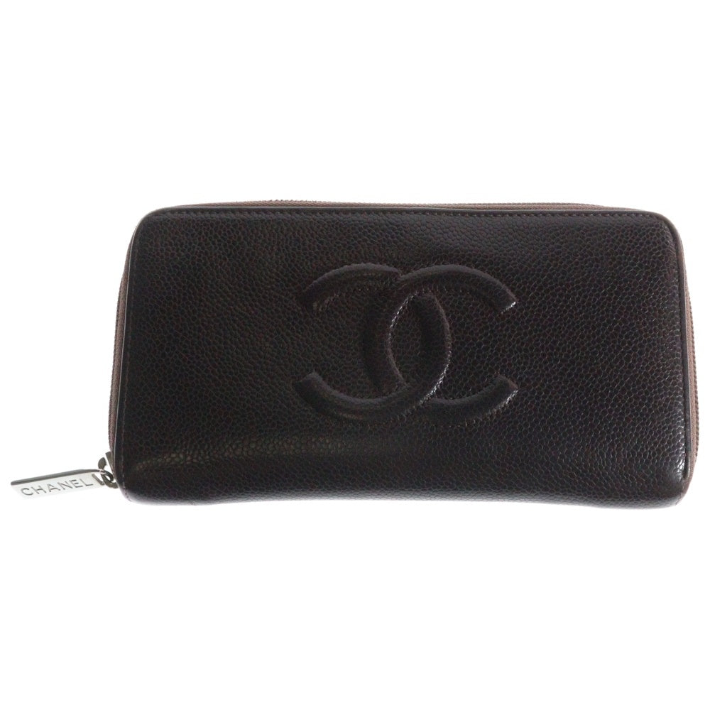 CHANEL(シャネル) ラウンドファスナー長財布 ロングウォレット ココマーク ブラウン パープル キャビアスキン レザー シルバー金具
