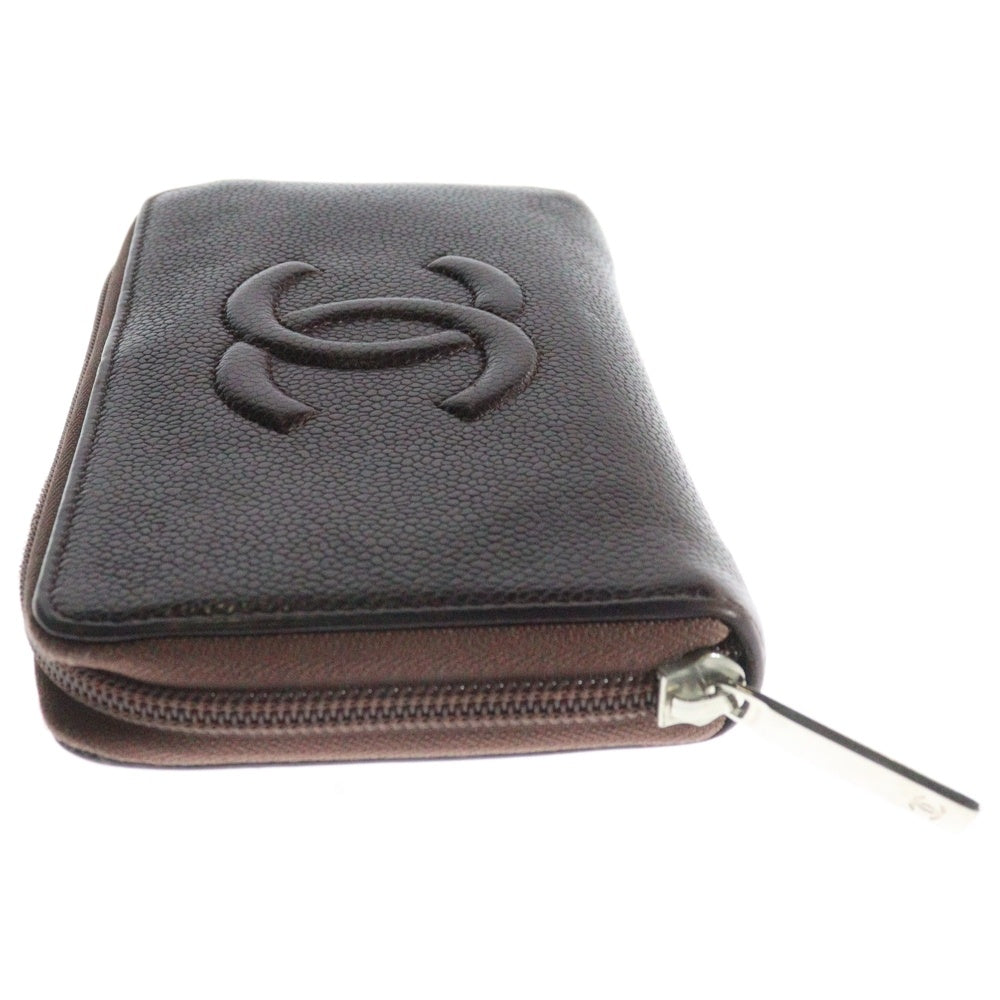 CHANEL(シャネル) ラウンドファスナー長財布 ロングウォレット ココマーク ブラウン パープル キャビアスキン レザー シルバー金具