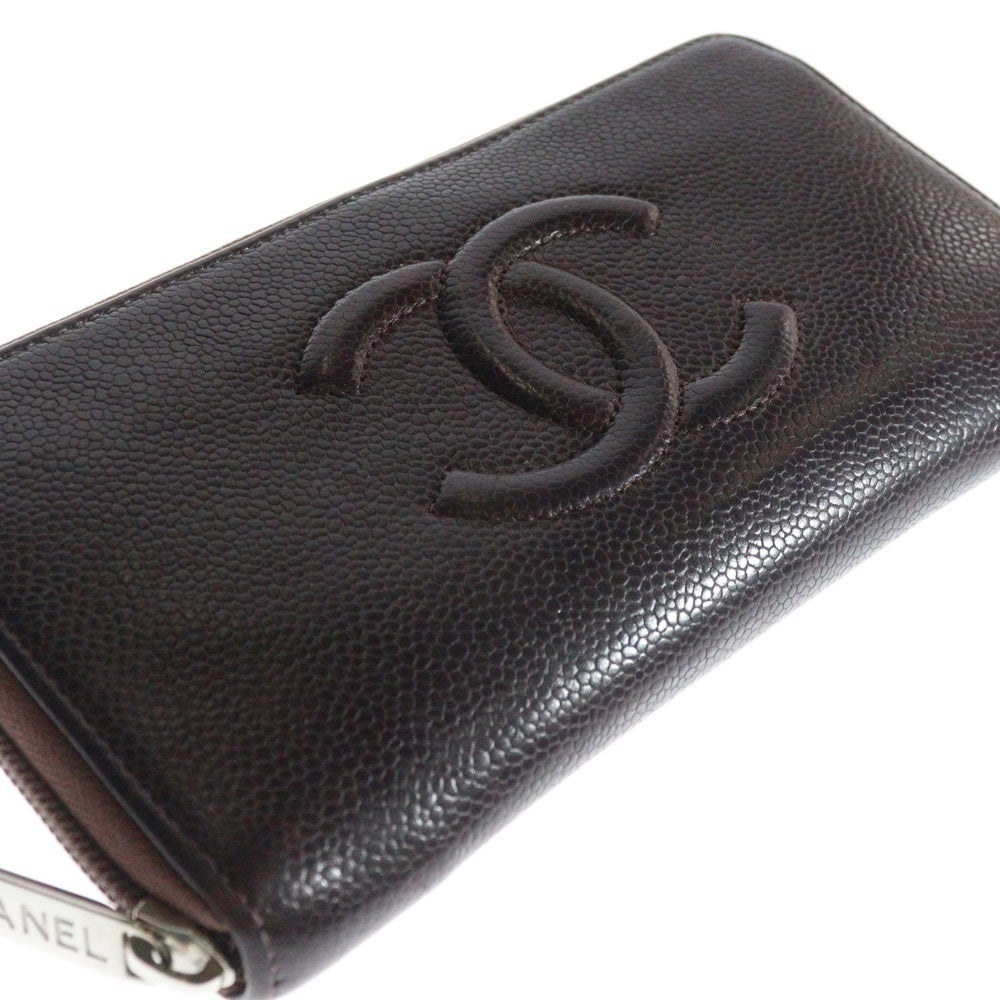 CHANEL(シャネル) ラウンドファスナー長財布 ロングウォレット ココマーク ブラウン パープル キャビアスキン レザー シルバー金具