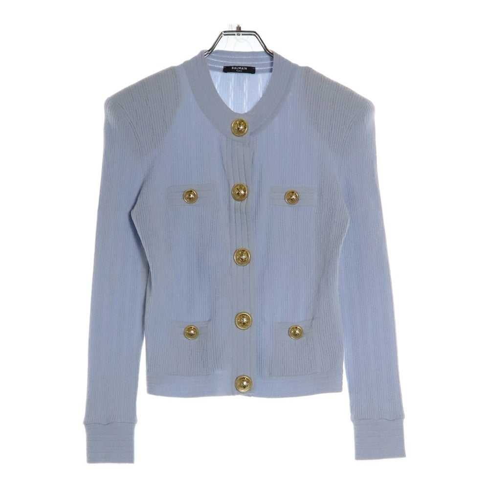 BALMAIN(バルマン) ゴールドボタン ビスコース ノーカラー ニットジャケット カーディガン ライトブルー レディース