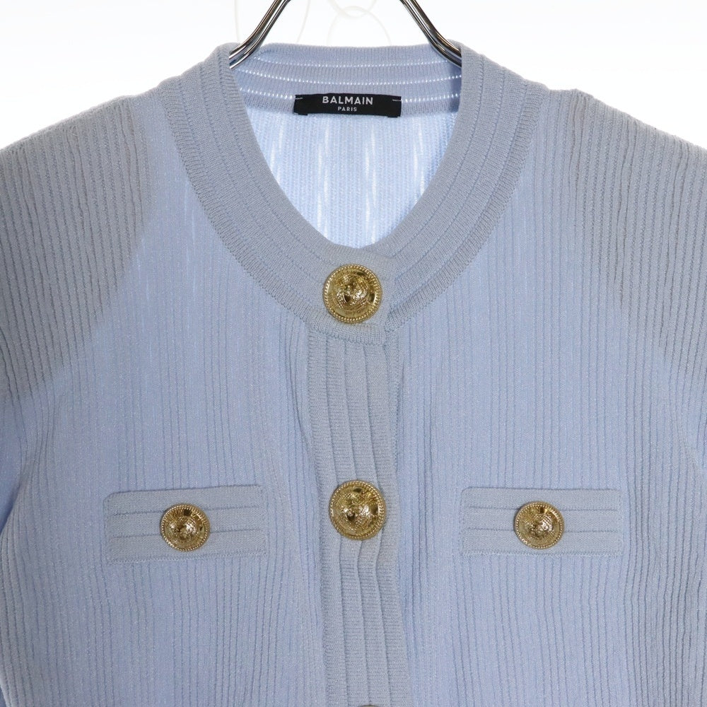 BALMAIN(バルマン) ゴールドボタン ビスコース ノーカラー ニットジャケット カーディガン ライトブルー レディース