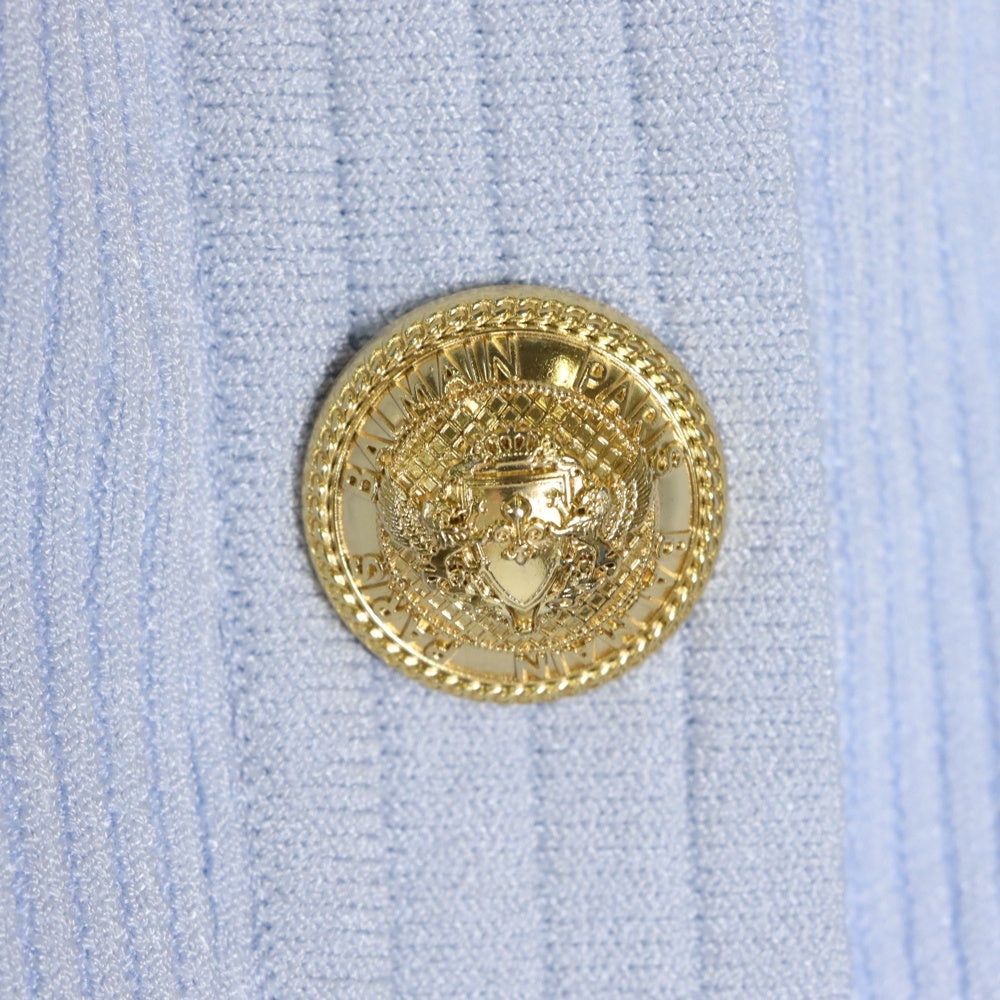BALMAIN(バルマン) ゴールドボタン ビスコース ノーカラー ニットジャケット カーディガン ライトブルー レディース