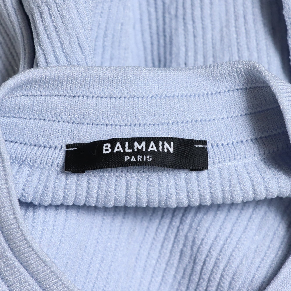BALMAIN(バルマン) ゴールドボタン ビスコース ノーカラー ニットジャケット カーディガン ライトブルー レディース