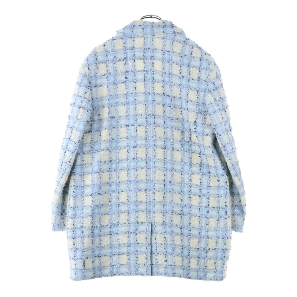 CHANEL(シャネル) 22AW ココマークボタン ラメ スパンコール ファンシーツイード チェック総柄 テーラードカラー 4B ロングジャケット コート ライトブルー P73383V64905