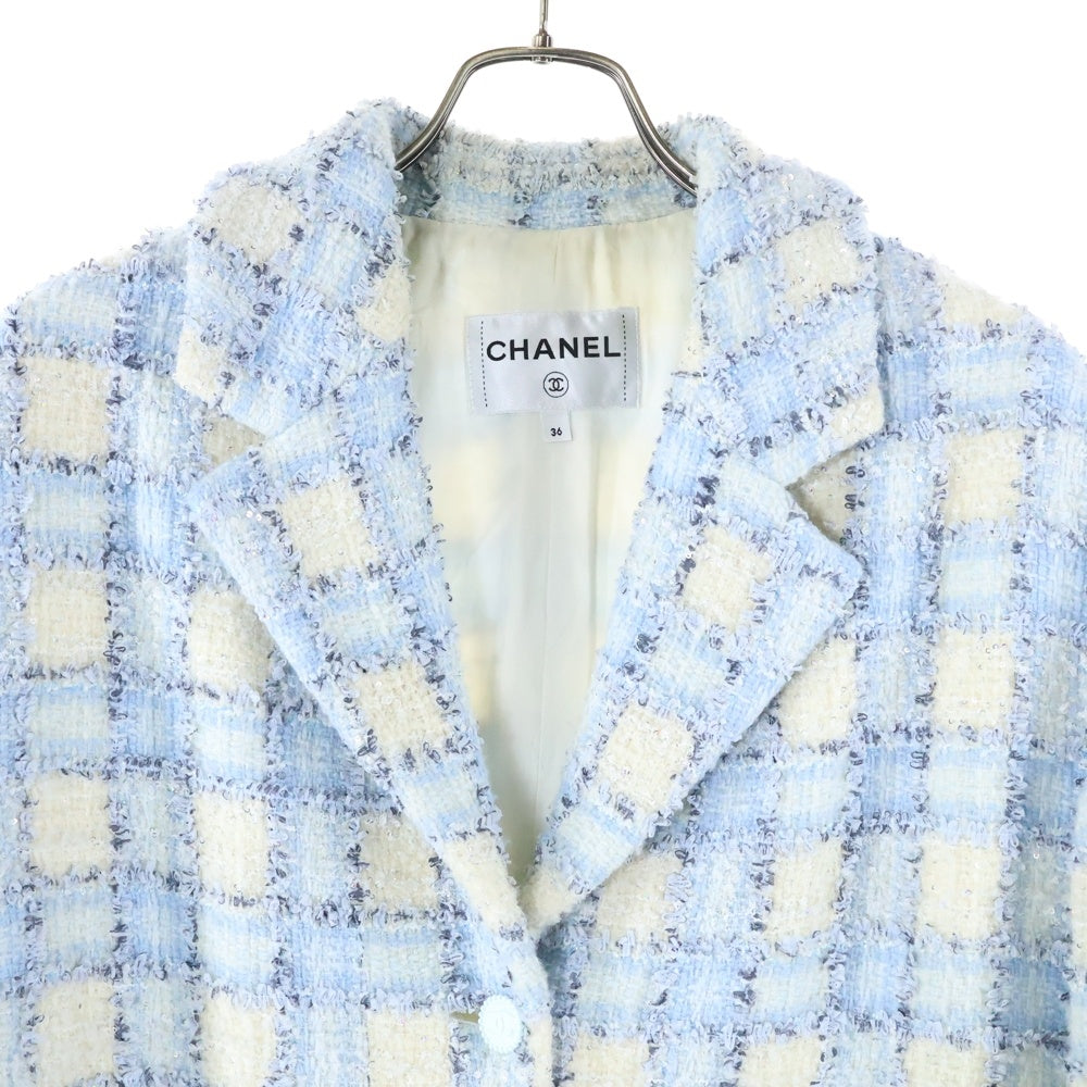CHANEL(シャネル) 22AW ココマークボタン ラメ スパンコール ファンシーツイード チェック総柄 テーラードカラー 4B ロングジャケット コート ライトブルー P73383V64905