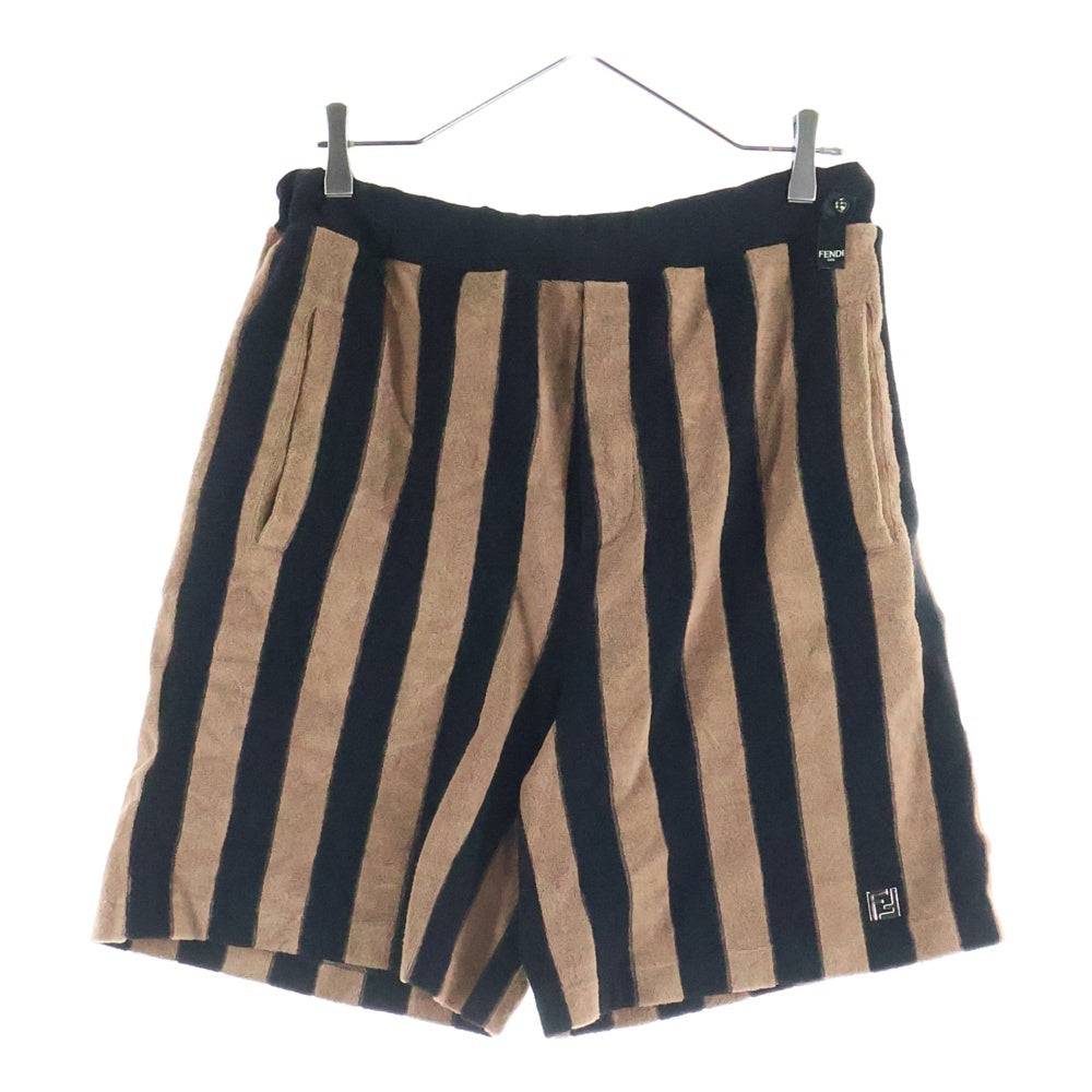 FENDI(フェンディ) 24SS FFロゴプレート ストライプ総柄 コットン パイル生地 ハーフ ショートパンツ ショーツ ブラック/ブラウン FB0689 ARYQ