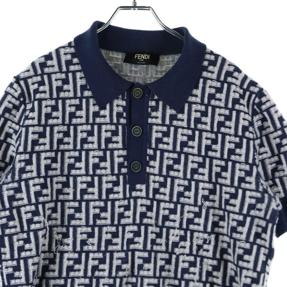FENDI(フェンディ) ズッカ総柄 ジャガード ウール 半袖 ニット ポロシャツ ネイビー FZC349 AR85