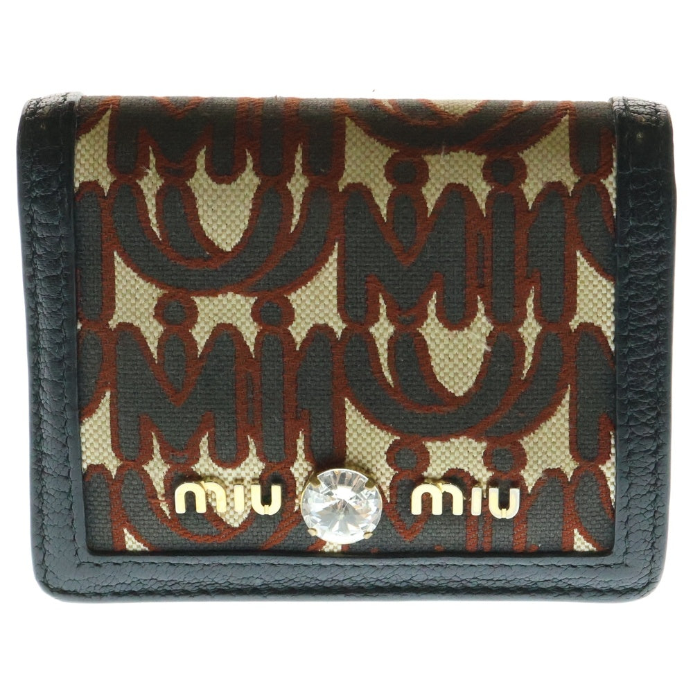 miumiu(ミュウミュウ) エムエムパリス 二つ折り財布 コンパクトウォレット コインケース ブラック×ベージュ×レッド キャンバス×レザー ゴールド