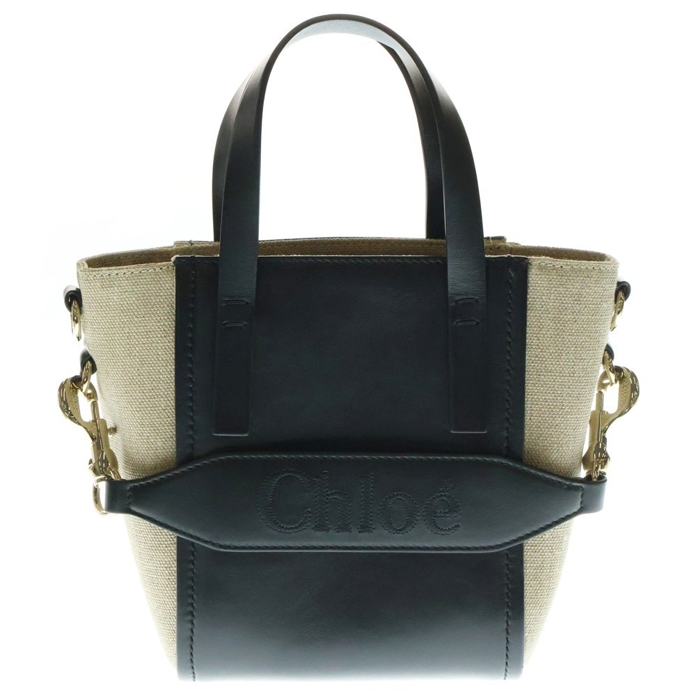 Chloe(クロエ) センス スモール ロゴ刺繍 キャンバス レザー 2WAY ハンド ショルダーバッグ ゴールド金具 ブラック/ベージュ CHC23AS425L16