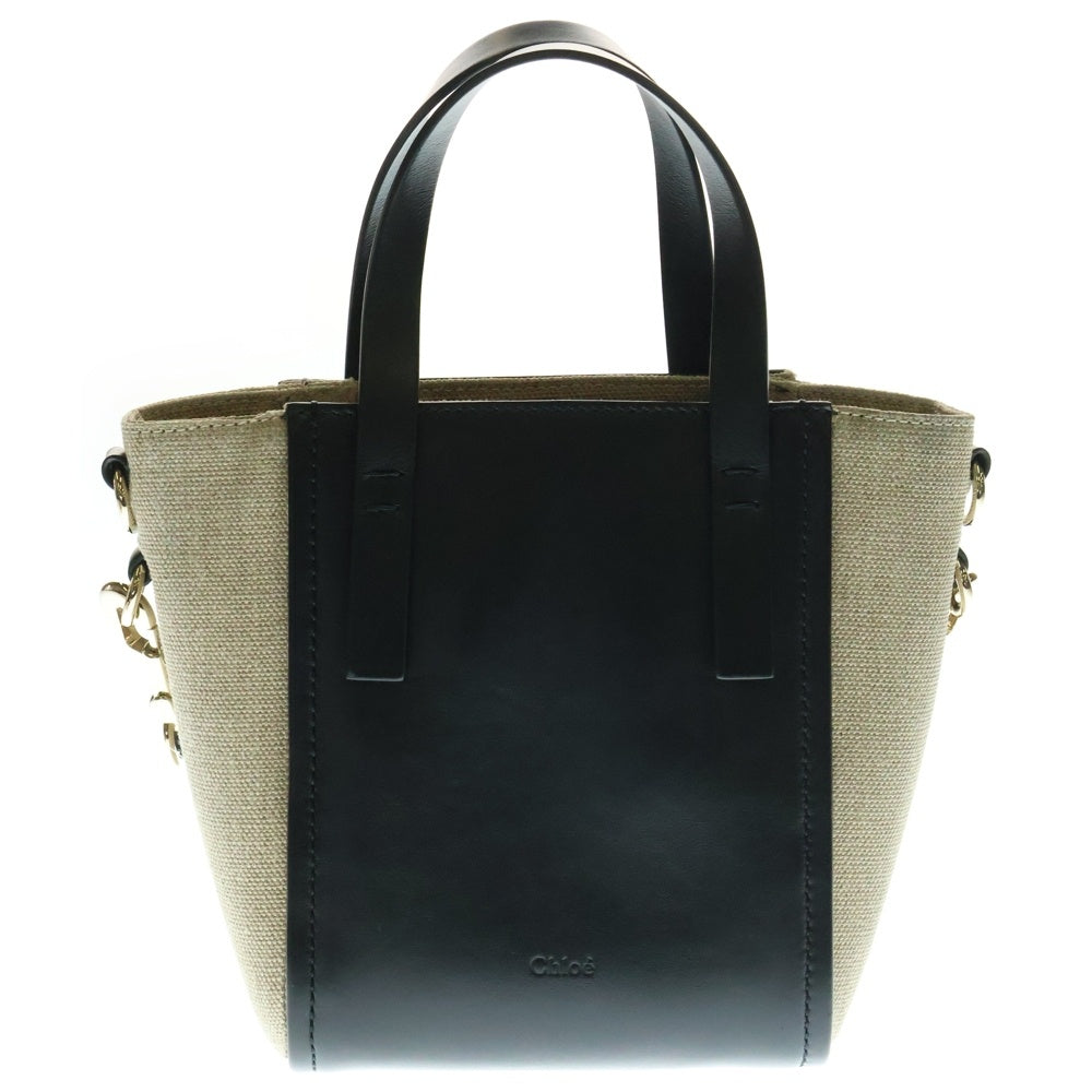 Chloe(クロエ) センス スモール ロゴ刺繍 キャンバス レザー 2WAY ハンド ショルダーバッグ ゴールド金具 ブラック/ベージュ CHC23AS425L16