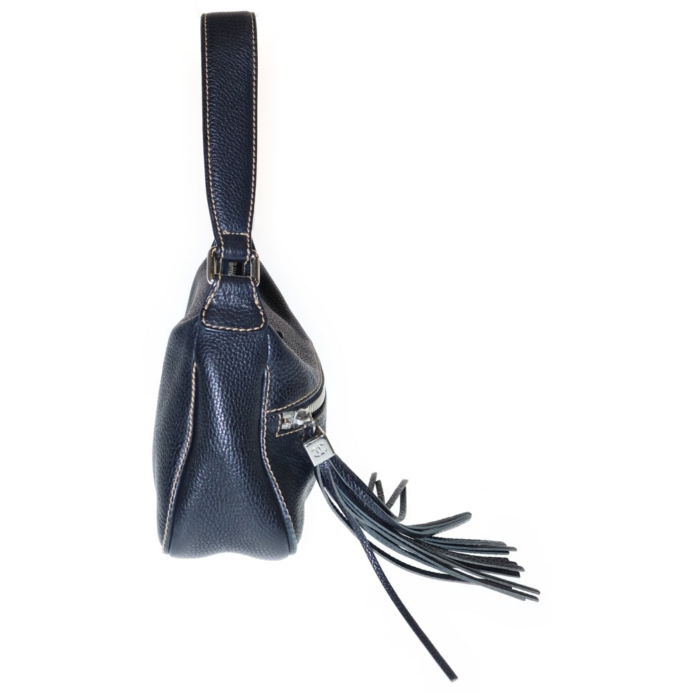 CHANEL(シャネル) フリンジ ステッチ ロゴ ワンショルダーバッグ ハンドバッグ ダークネイビー ブラック シルバー金具 レザー