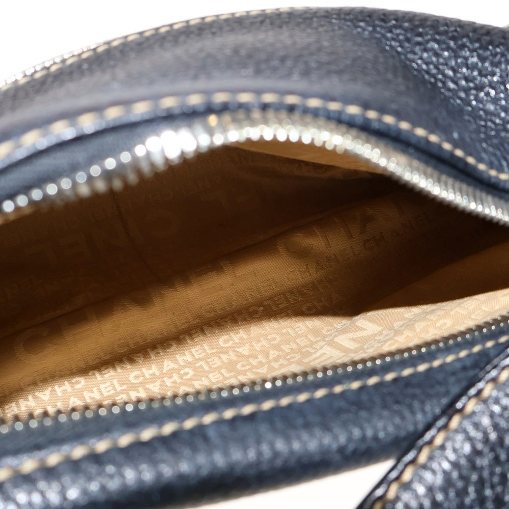 CHANEL(シャネル) フリンジ ステッチ ロゴ ワンショルダーバッグ ハンドバッグ ダークネイビー ブラック シルバー金具 レザー