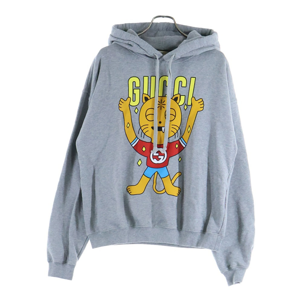 GUCCI(グッチ) インターロッキングG キャット ロゴ プリント プルオーバー スウェットパーカー フーディー グレー 700120
