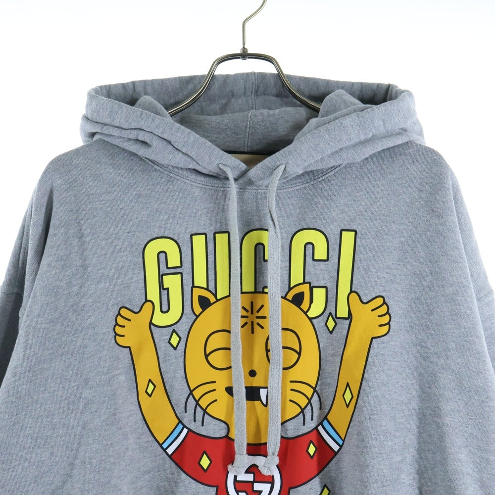 GUCCI(グッチ) インターロッキングG キャット ロゴ プリント プルオーバー スウェットパーカー フーディー グレー 700120