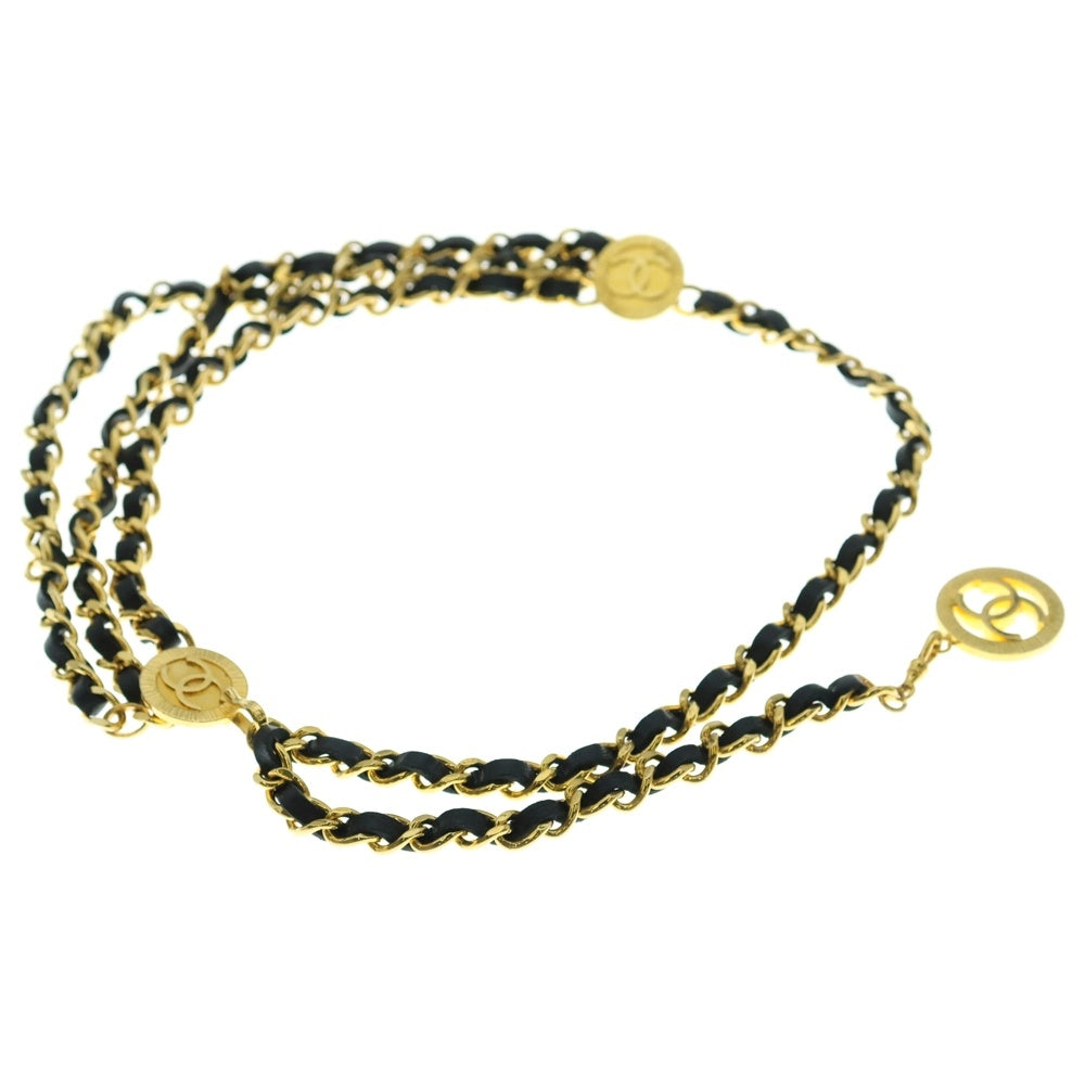 CHANEL(シャネル) ココマーク ロゴプレート 3連 レザー チェーン ベルト ブラック/ゴールド