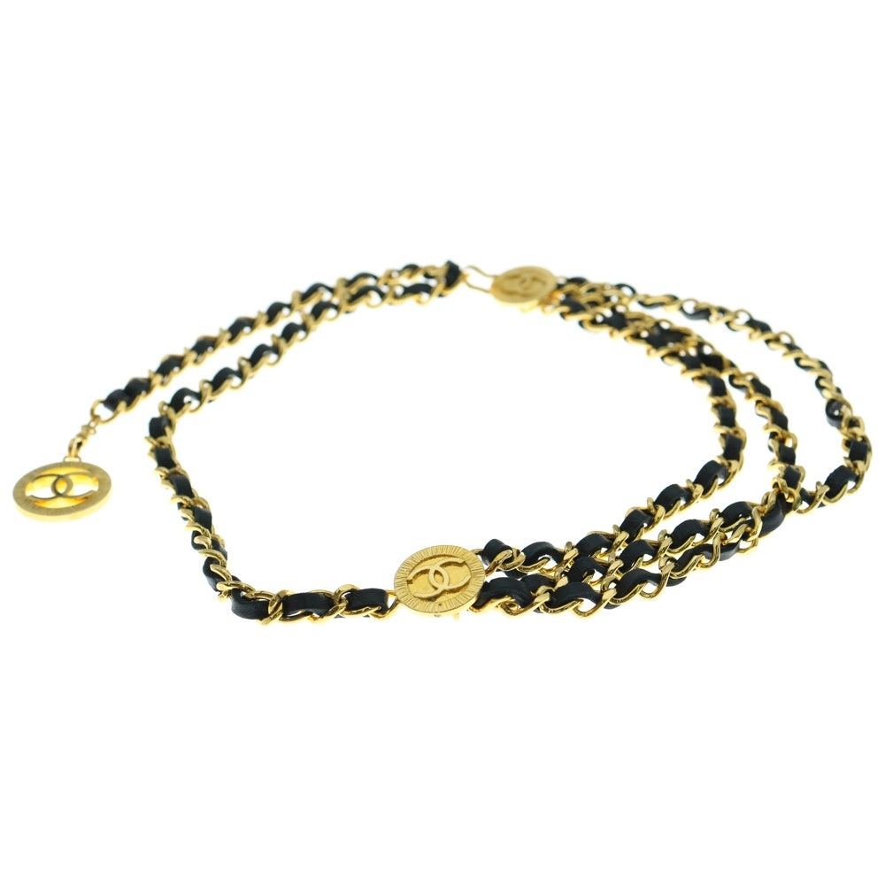 CHANEL(シャネル) ココマーク ロゴプレート 3連 レザー チェーン ベルト ブラック/ゴールド